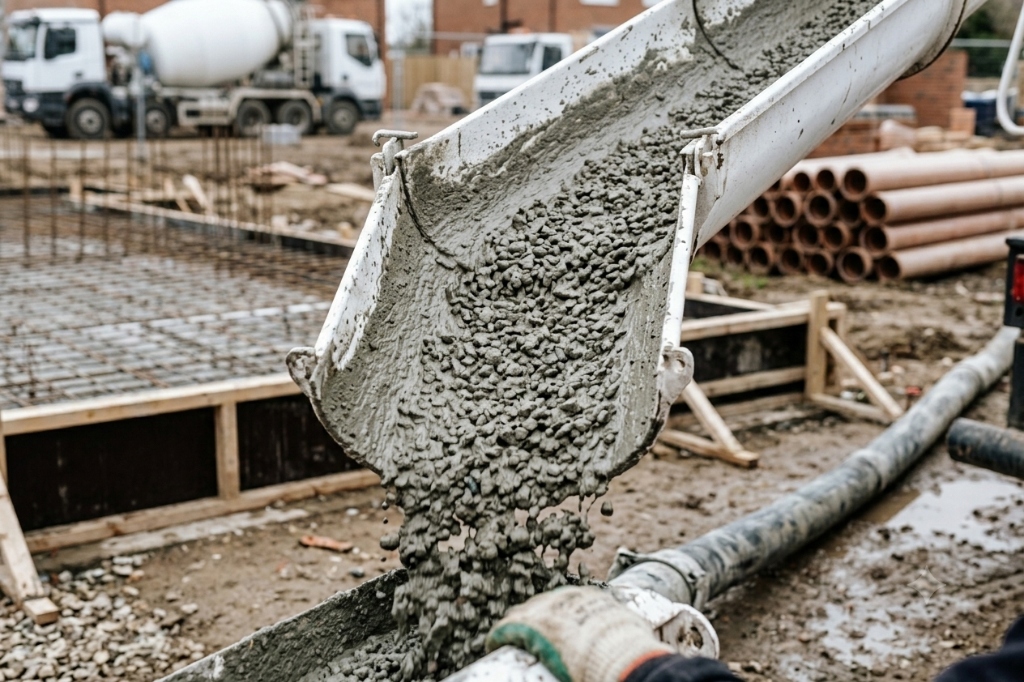 Volumetric concrete mixer pouring on-site in Hemel Hempstead